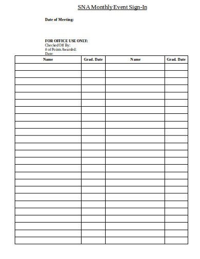 Monthly Event Sign in Sheet
