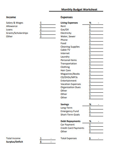 monthly income expenses budget worksheet