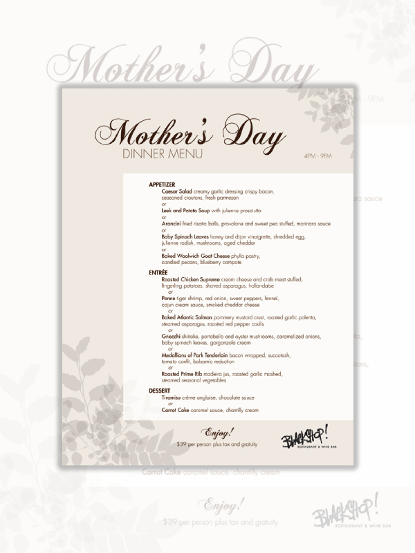 mothers day dinner menu