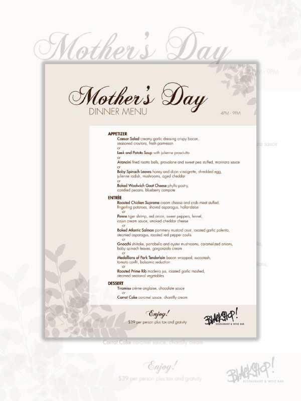 Mother's Day Dinner Menu