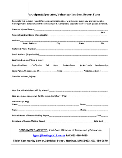 Participant Volunteer Incident Report Form