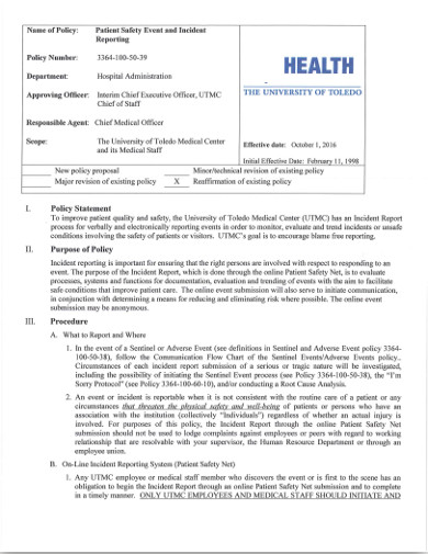 Patient Incident Safety Report