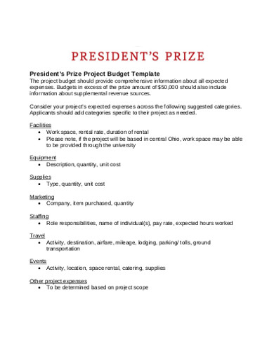 president’s prize project budget template