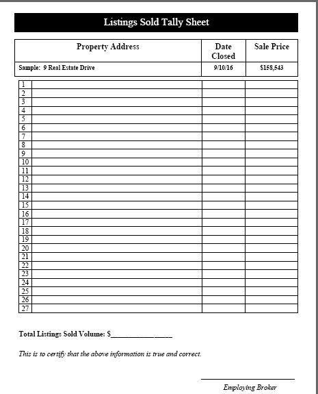 property listings sold tally sheet
