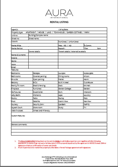 rental property listing sheet