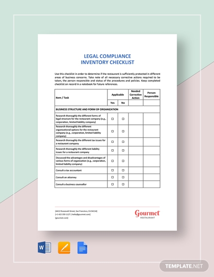restaurant legal compliance inventory checklist