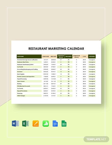 Restaurant Marketing Calendar Template