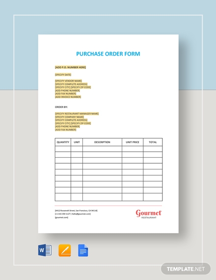 Restaurant Purchase Order Form Template