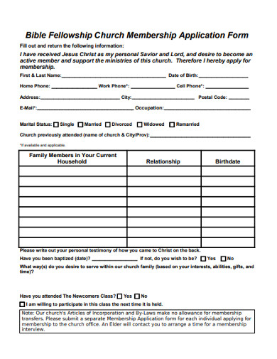 sample church membership application form