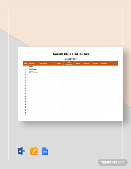 Sample Marketing Calendar Template