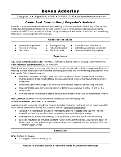 Sample construction carpenters assistant CV