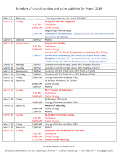 schedule of church services activities