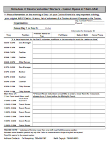 schedule of casino volunteer workers