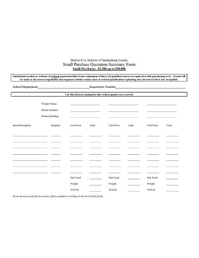 small purchase quotation summary form 