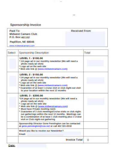 sponsorship invoice description