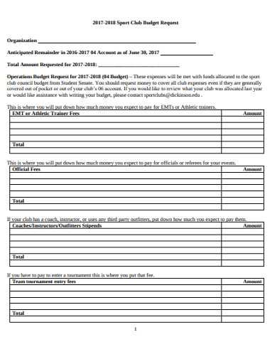 sport club budget request form