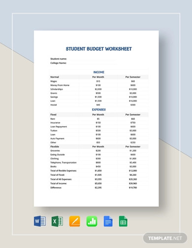 student budget worksheet template