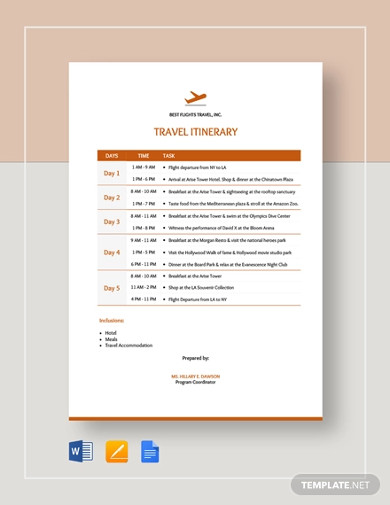 travel itinerary template for word