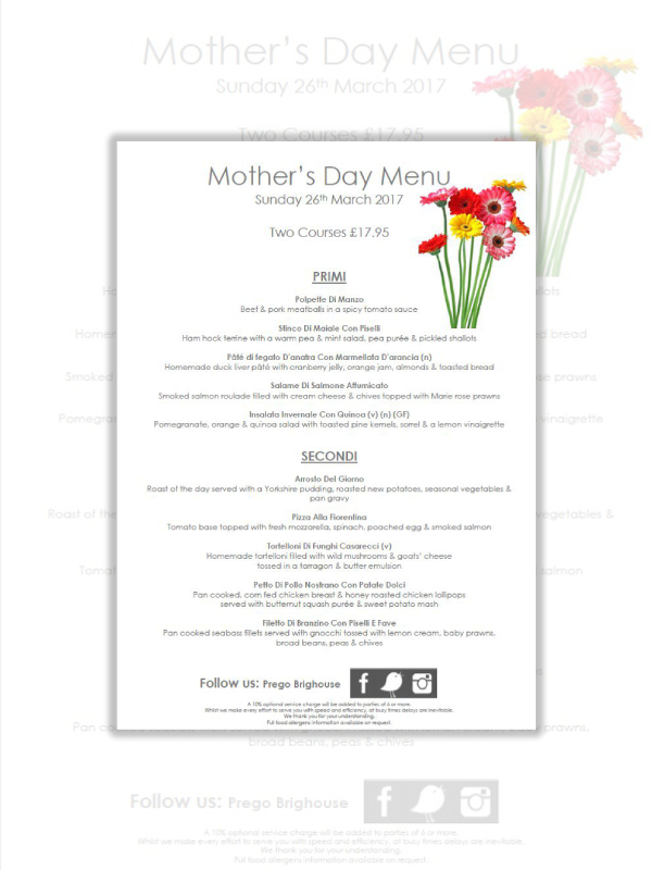 Two-Course Mother's Day Menu