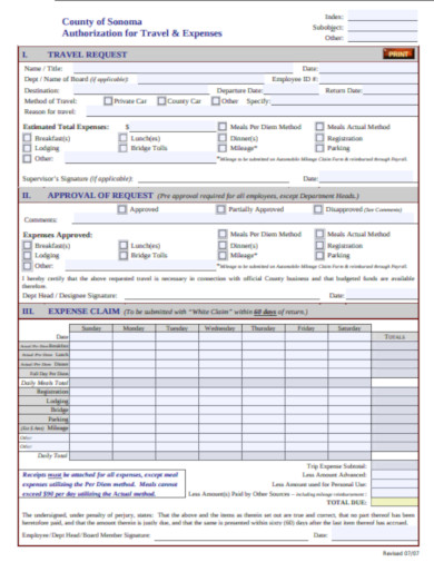 authorization for travel expenses form