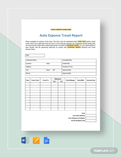 Auto Expense Travel Report Template