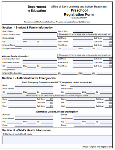 basic preschool registration form 