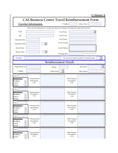 Business Center Travel Reimbursement Form