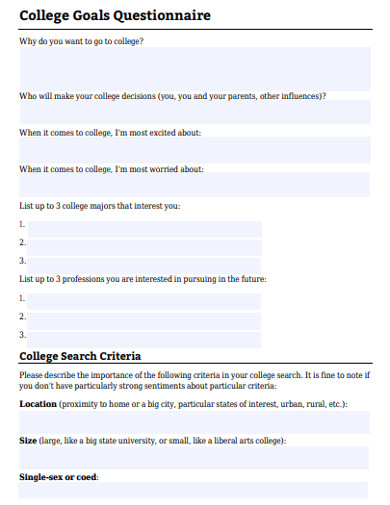 college goals questionnaire 