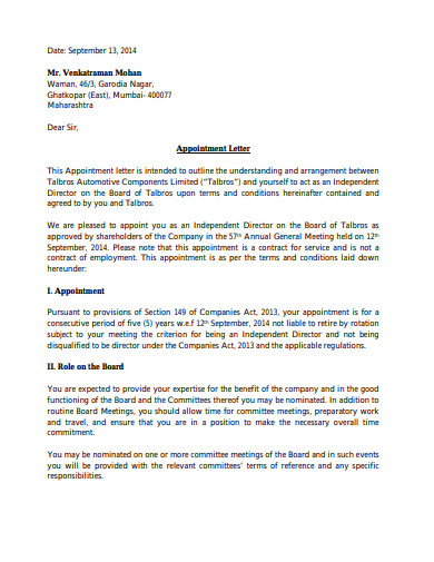 company appointment letter sample