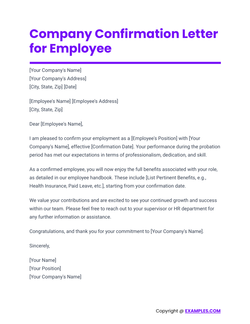 Company Confirmation Letter for Employee