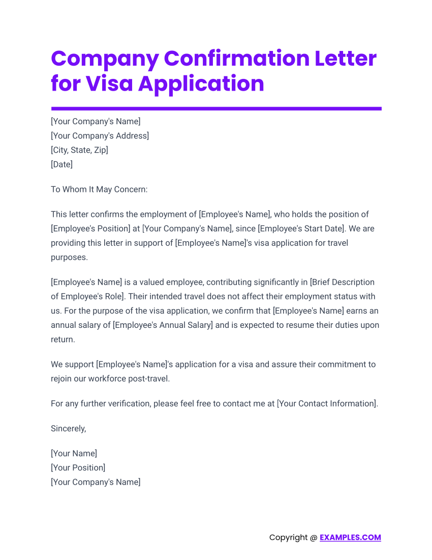 Company Confirmation Letter for Visa Application