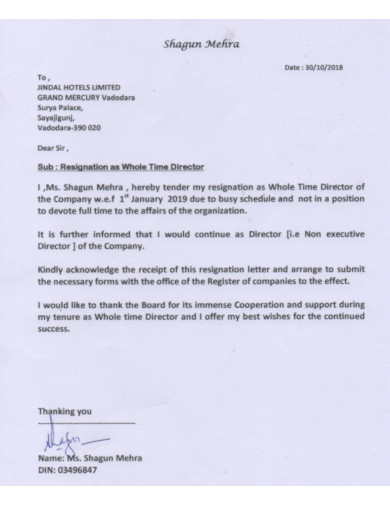 company director resignation letter sample