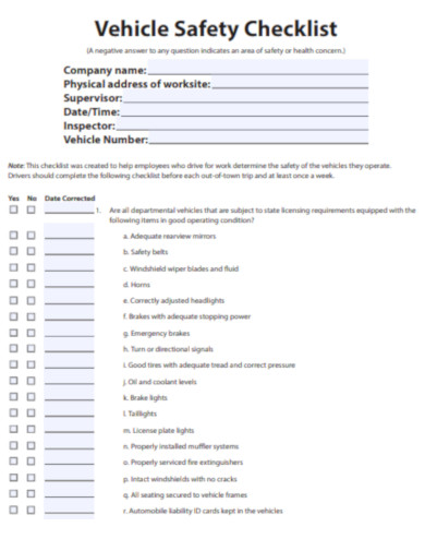 company vehicle safety checklist