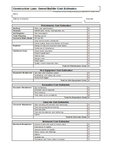 Construction Loan Estimate in DOC