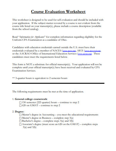 Course Evaluation Worksheet Example