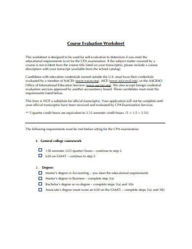 course evaluation worksheet