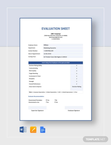 evaluation sheet template