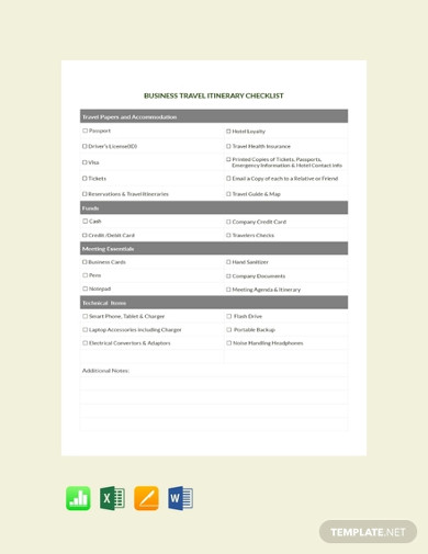free business travel itinerary checklist template