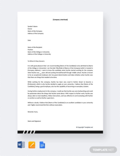 free college recommendation letter from employer
