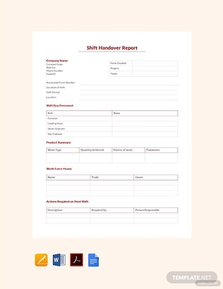 free shift handover report template