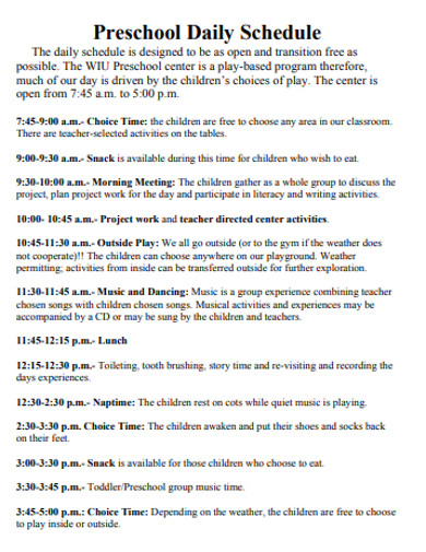 preschool daily schedule template 