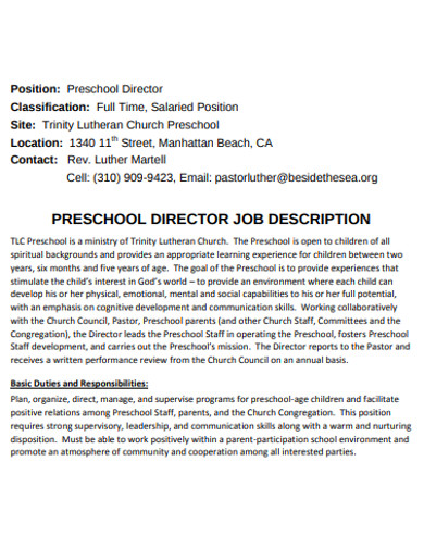 Preschool Director Job Description 