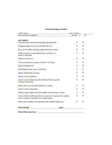 preschool feelings checklist 