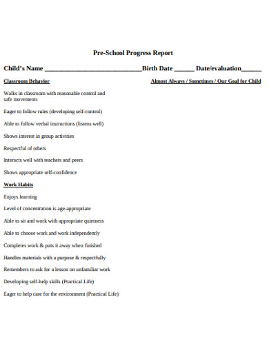 preschool progress report example 