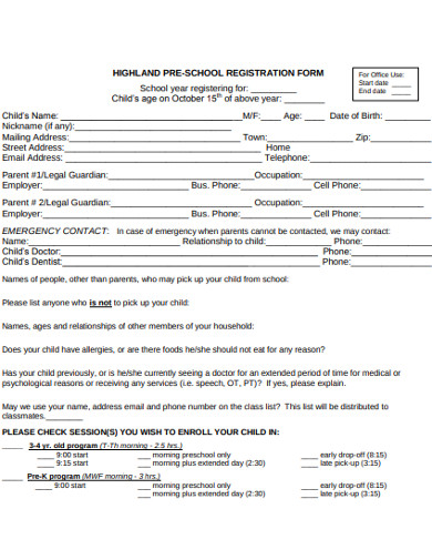 preschool registration form example 