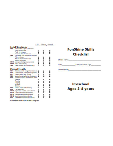 preschool skills checklist