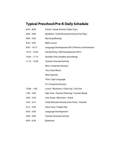preschool typical schedule template