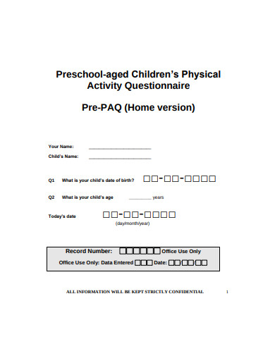 preschool aged children’s questionnaire