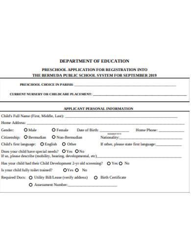 professional preschool registration form example 