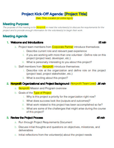 professional project agenda example 